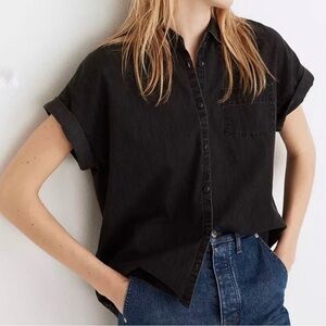 Madewell Distressed Dark Denim Collared Shirt - medium
